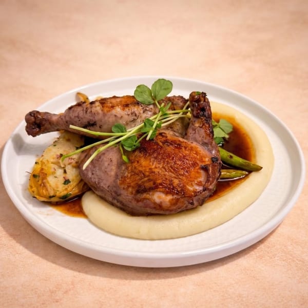 Roasted chicken with crispy skin, mashed potatoes, asparagus, and a rich sauce on a white plate.