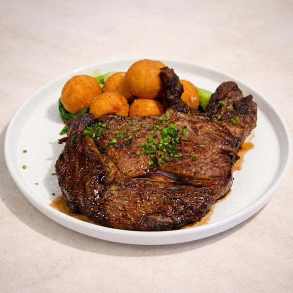 Grilled steak topped with chives, served with golden fried potato balls and green vegetables.