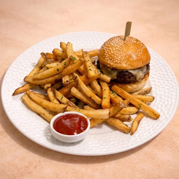 A cheeseburger with a sesame seed bun and a pile of seasoned fries with ketchup on a white plate.