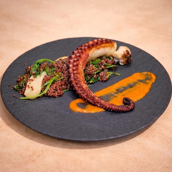 Grilled octopus tentacle with red quinoa, greens, and orange sauce on a black plate.